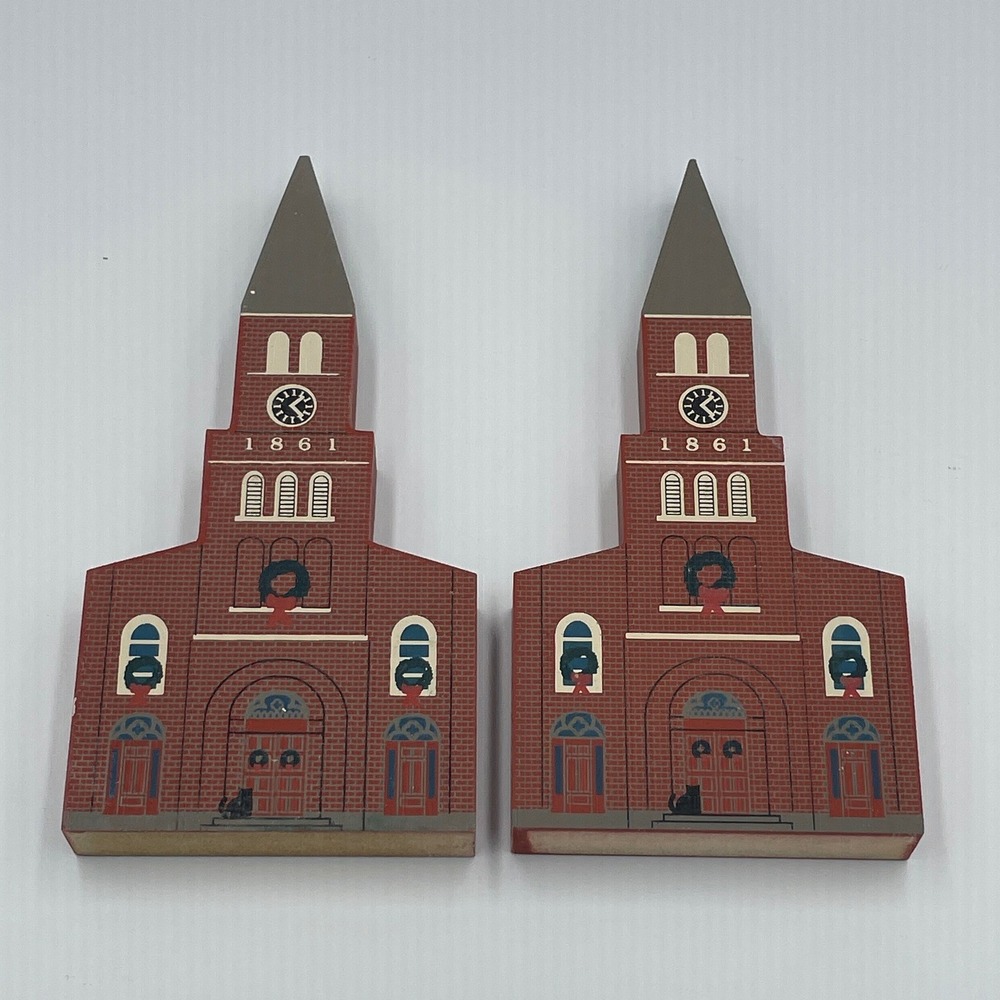 Cat's Meow Village St Peter's Catholic Church 1993 Christmas Series Set of 2